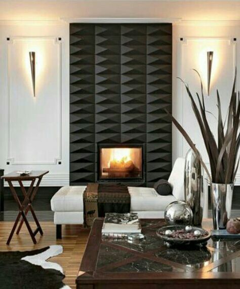 3D Tile Fireplace Horizontal Fireplace Ideas, 3d Tile Fireplace, Panelling Fireplace, Textured Fireplace, 3d Fireplace, Contemporary Fireplace Designs, Wall Fireplace, Tile Fireplace, Fireplace Designs