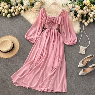 Buy Knutsford Plain Square-Neck Midi A-Line Dress at YesStyle.com! Quality products at remarkable prices. FREE Worldwide Shipping available! Chiffon Puff Sleeve, Collar Maxi Dress, Sage Dress, Gaun Fashion, Cottagecore Dress, Long White Dress, Dress Chiffon, Maxi Robes, Puff Sleeve Dresses