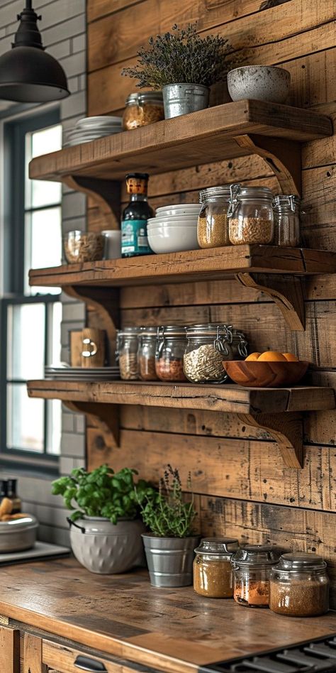 Homestead Style Kitchen, Modern Homestead Kitchen, Vintage Farmhouse Kitchen Decor, Country Style Kitchen Farmhouse, Rustic Kitchen Island Farmhouse Style, Wood Style Kitchen, Kitchen Island Farmhouse Style, Rustic Kitchen Shelf, Shelf Decorating Ideas