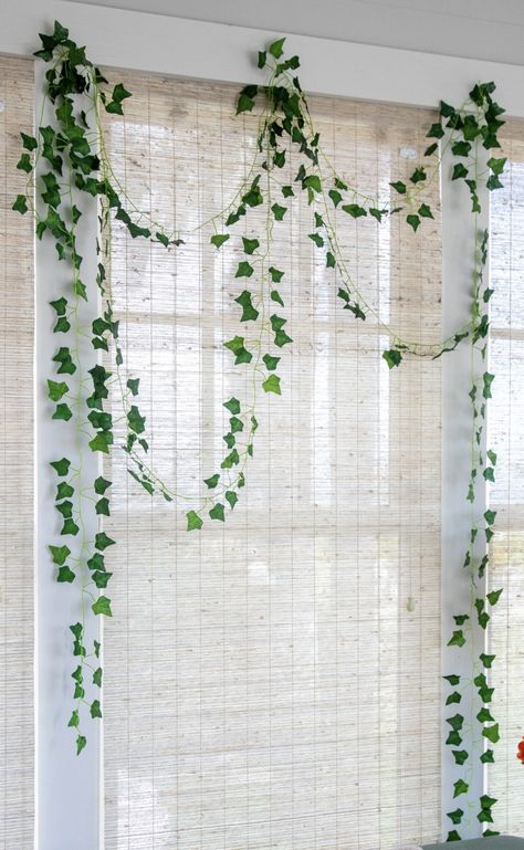 Greenery Window Treatments, Vines On Door Bedroom, Vines On Curtain, Cute Window Ideas, Vines In Bedroom Window, Vines Over Window, Vines On Window, Vines Around Window, Ventanas Aesthetic