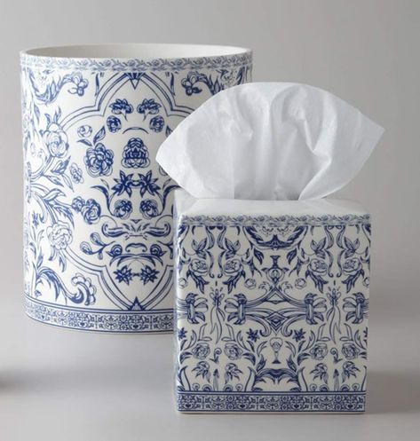 Orsay Fine Porcelain Blue and White Trash Container and Tissue Cover Bath Accessory - Orsay Fine Porcelain Blue and White Bath Accessories | my design42 Chinoiserie Bathroom Decor, White And Blue Bathroom Decor, Master Toilet, Mediterranean Cottage, Diy Chinoiserie, Bread Healthy, Chinoiserie Pattern, Blue Bathroom Decor, Modern Mediterranean