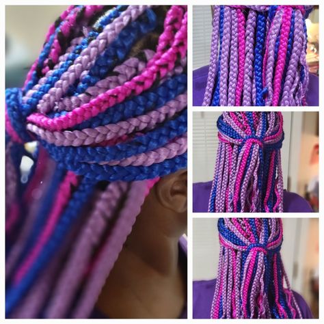 Colored box braids fun colors blue purple pink Pink Purple Blue Box Braids, Pink And Blue Braids, Multi Colored Box Braids, Box Braids Pink, Braids Purple, Braids Blue, Pink Box Braids, Braids Colors, Blue Box Braids