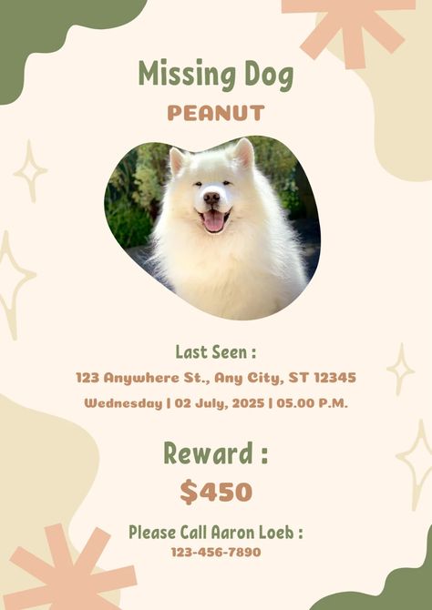 Templates Lost Dog Poster, Beige And Green, Dog Poster, Losing A Dog, Custom Posters, Landscape Prints, Poster Template, Lost, Pet