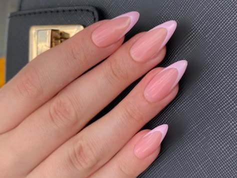 Pink French Nails Almond Shape, Summer French Tip Nails Almond Pink, Almond French Tip Nails Ideas, Pink French Tip Nails Pointy, Blush Pink French Tips, Light Pink French Tip Nails With Glitter, French Tip Acrylic Nails Almond Shape Long, Almond Nails American Tip, Pink Tip Oval Nails