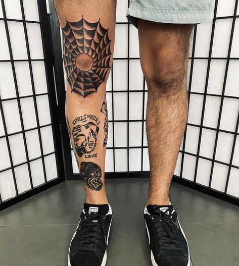 Knee Web Tattoo, Trad Knee Tattoo, 108 Tattoo, Trad Flash, Knee Tattoos, Web Tattoo, Elbow Tattoos, Hunter S, Traditional Tattoo Art