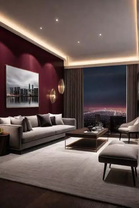 Living room with burgundy accent wall Burgundy Walls Living Room, Burgundy Interior Design, Burgundy Accent Wall, Maroon Living Room, Maroon Walls, Red Living Room Decor, Burgundy Living Room, Burgundy Interior, Burgundy Walls