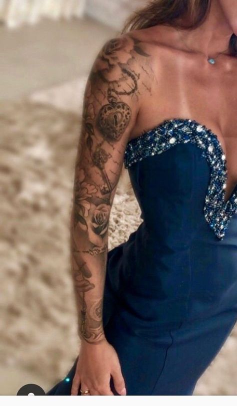 Script Sleeve Tattoo, Best Sleeve Tattoos For Women Beautiful, Thigh Script Tattoo, Key Tattoo Designs, Feminine Shoulder Tattoos, Octopus Tattoo Sleeve, Pocket Watch Tattoos, Beautiful Tattoos For Women, Mommy Tattoos