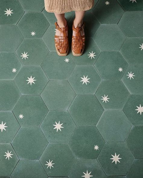 Bedroom Floor Tiles, Red Door House, Entryway Tile, Entry Tile, Star Tile, Green Flooring, Large Tile, Encaustic Cement Tile, Tile Inspiration