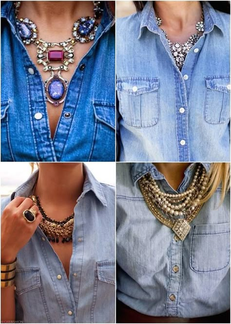 Denim Blouse Outfits, Chambray Shirt Outfits, Denim Attire, Denim And Diamonds, Jewelry Styling, Cowboy Party, Denim Shirts, 60 Fashion, Over 50 Womens Fashion