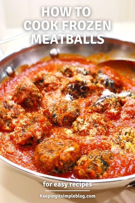 We show you two ways to cook frozen meatballs so you can get dinner on the table fast. Whether they are store bought or homemade frozen meatballs, we show you the best ways to heat and cook these meatballs so they stay tender and moist. Spaghetti With Frozen Meatballs, Spaghetti And Frozen Meatballs, Frozen Meatball Dinner Ideas, Stovetop Meatballs, Meatballs Frozen, Frozen Italian Meatballs, Oven Meatballs, Cooking Frozen Meatballs, Frozen Meatball Recipes