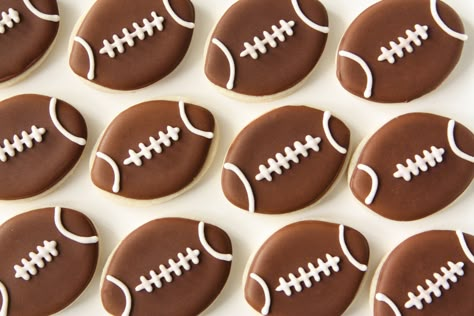 Football Sugar Cookies | Rebecca Cakes ... Super Bowl Gifts, Football Sugar Cookies, Super Bowl Cookies, Football Desserts, Photo Cookies, Sports Party Favors, Football Cookies, Sugar Cookie Royal Icing, Cookie Business