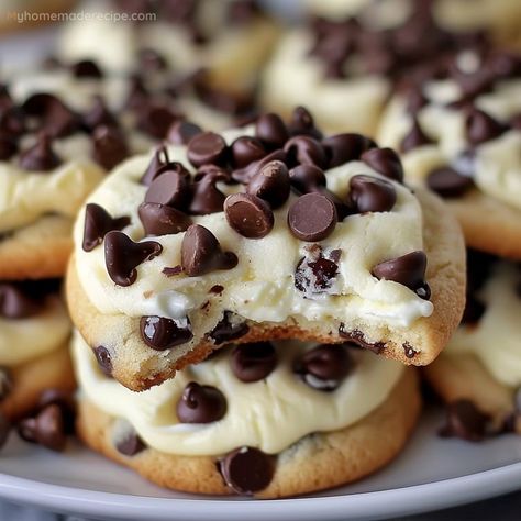 Easy Chocolate Chip Cheesecake Cookies Recipe - My Home Made Recipe Chocolate Cheesecake Cookies Recipes, Chocolate Chip Cookie Cheesecake Recipes, Easy Dessert With Chocolate Chips, Chocolate Chip Cookies Made With Shortening, Pre Made Cookie Dough Recipes, Cheesecake Chocolate Chip Cookies, Chocolate Chip Cheesecake Cookies, Easy Chocolate Chip Cheesecake, Chocolate Chip Cheesecake Cookies Recipe