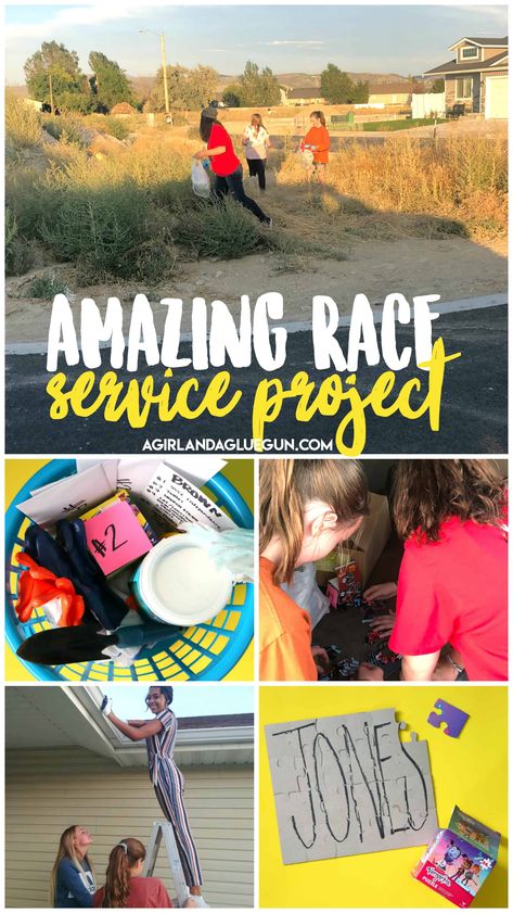 Amazing race service project - A girl and a glue gun Amazing Race Challenges For Teens, Young Womens Activity Ideas, Amazing Race Challenges, Amazing Race Party, Church Youth Group, Yw Activities, Youth Conference, Lds Youth, Women Activities