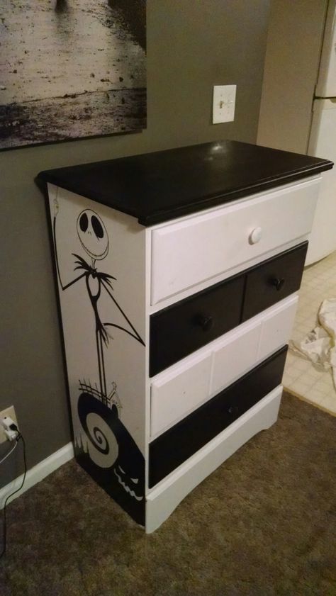 Jack Dresser Jack Skellington Room Ideas, Jack Skellington Room, Jack And Sally Bedroom Ideas, Nightmare Before Christmas Bedroom, Jack And Sally Bathroom Ideas, Nightmare Before Christmas Nursery, White Dresser Diy, Jack Skellington Painted Furniture, Jack And Sally Room Decor