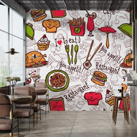 Wall Painting For Cafe Shop, Restaurant Murals Ideas, Canteen Decoration Ideas, Doodle Wall Art For Cafe, Fast Food Cafe Interior Design, Food Graffiti Wall, Cafe Wall Art Murals Food, Restaurant Graffiti Wall Art, Food Graffiti Art