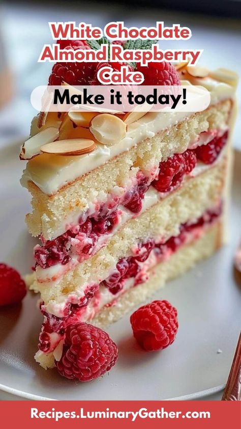 White Chocolate Almond Raspberry Cake Chocolate Almond Raspberry Cake, Almond Raspberry Cake, Raspberry And Almond Cake, Chocolate Raspberry Cake Recipe, White Chocolate Raspberry Cake, Raspberry Cake Recipes, White Chocolate Cake, Swirl Cake, Raspberry Almond