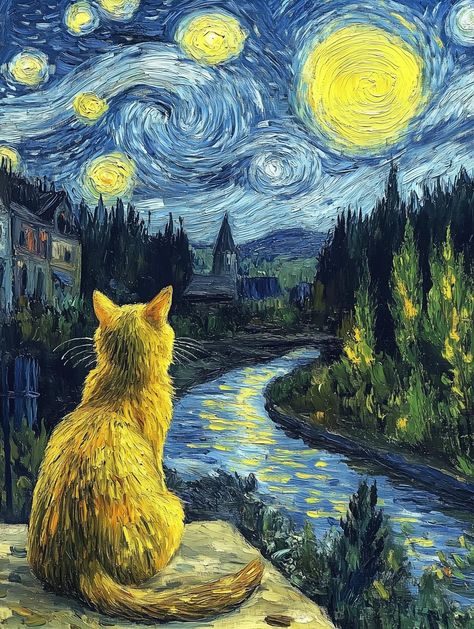 Our latest artwork, inspired by Vincent van Gogh's iconic 'Starry Night,' captures a mesmerizing scene infused with warmth and tranquility. The vivid portrayal of a contemplative cat set against a swirling night sky filled with golden stars evokes deep emotions and nostalgia. The brilliant yellows and rich blues of the background create a striking contrast, drawing the viewer's eye to the beautiful details that make this piece unique and enchanting. This custom canvas and digital print not only serves as a charming home decor piece but also resonates with cat lovers and art enthusiasts alike. Each stroke mimics the dynamic brushwork of van Gogh, while the subject matter offers a modern twist that reimagines a beloved classic. Perfect for living rooms, bedrooms, or cozy spaces, this artwork Classic Art Van Gogh, Van Gogh Bedroom, Van Gogh Inspired Art, Contrast Drawing, Cat Van Gogh, Van Gogh Prints, Vincent Van Gogh Art, Deep Emotions, Most Famous Paintings