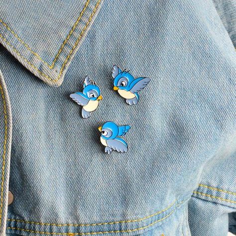 Pins On Denim Jacket, Blue Brooch, Lapel Brooch, Jacket Collar, Jacket Pins, Bag Pins, Bird Pins, Blue Birds, Animal Brooch