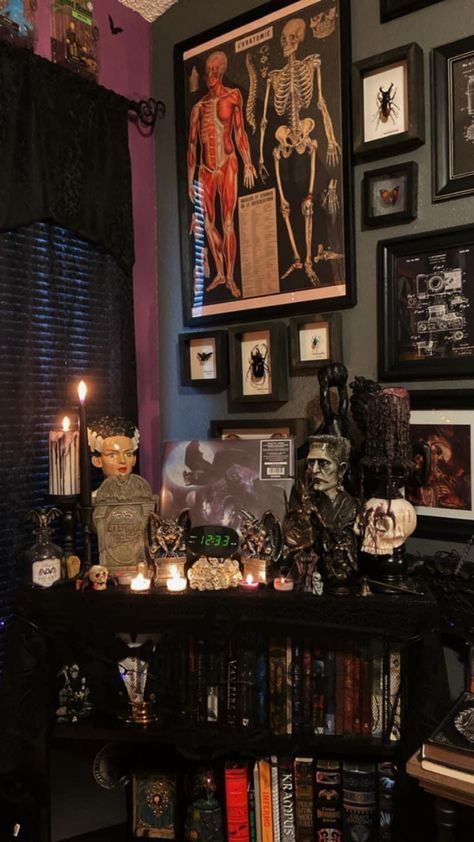 Boho Gothic Aesthetic, Industrial Goth Bedroom, Maximalist Decor Gothic, Heavy Metal Bedroom Ideas, Whimsigoth Side Table, Alt Living Room Aesthetic, Small Gothic Apartment, Goth Home Library, Gothic Grandma Aesthetic