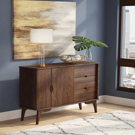 George Oliver Waterbury 58" Wide 3 Drawer Rubberwood Wood Sideboard & Reviews | Wayfair Mid Century Buffet, Room Focal Point, Wood Buffet, Solid Wood Sideboard, Modern Rustic Interiors, Wood Sideboard, Boho Living, Boho Living Room, Buffet Table