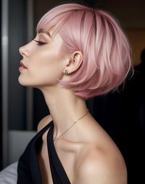 Bobbed Blonde Hairstyles, Lilac Short Hair, Short Concave Bob, Short Pastel Pink Hair, Pink Bob With Bangs, Pink Pixie Hair, Pink Haircut, Pink Short Hair, Vivid Hair Color