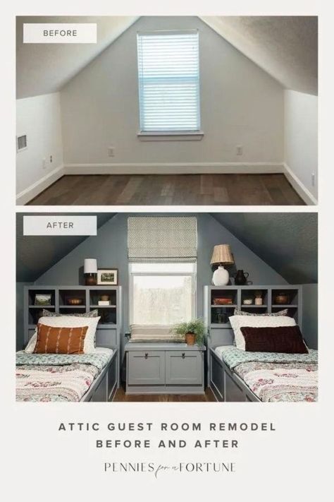 Have a spare room in the attic? Opt for a budget remodel and create a cozy guest room for two! I'm sharing before and after of this affordable home renovation project. This attic room had a sloped ceiling and a narrow layout, but with custom DIY solutions, we maximized the space and added functional storage to this guest bedroom. I hope this post will inspire you to find creative solutions for your DIY home remodel on a budget! Home Remodel On A Budget, Room In The Attic, Attic Guest Room, Bonus Room Bedroom, Cozy Guest Room, Cozy Guest Rooms, Bedroom Decor On A Budget, Narrow Rooms, Budget Remodel