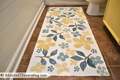 Diy Tub Skirt, Hand Painted Floor, Painted Floor Cloths, Wood Plank Ceiling, Vinyl Floor Cloth, Floor Cloths, Cladding Materials, Makeover Before And After, Decorating Bathroom