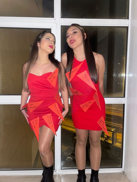 Red Flags Halloween Costume, Red Themed Halloween Costumes, Red Corset Costume Ideas, Walking Red Flag Costume, Red Costumes Halloween, Red Skirt Halloween Costume, Red Flag Halloween Costume, Red Flag Costume, Duo Halloween Costumes Bff Hot