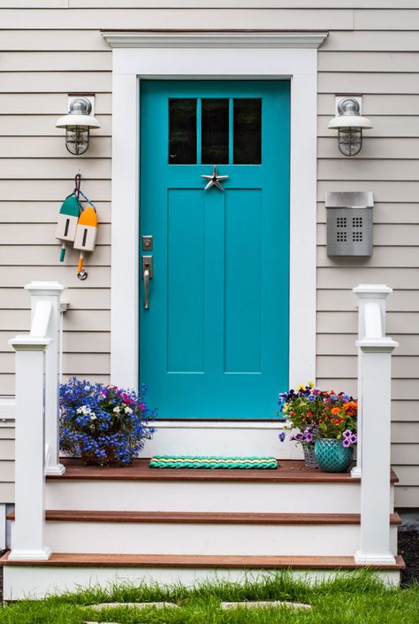 Beautiful Doors and Door Knockers Turquoise Front Door Gray House, Sw Cloudburst, Teal Doors Front Entrance, Front Door Colors With Gray Siding, Teal Front Door Colors, Teal Front Door, Gray Siding, Teal Front Doors, Teal Door