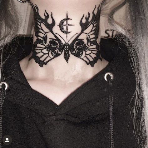 Butterfly Neck Tattoo, Gotik Tattoo, Throat Tattoo, Back Of Neck Tattoo, Neck Tattoos Women, Gaming Tattoo, Neck Tattoos, Feminine Tattoos, Fake Tattoos