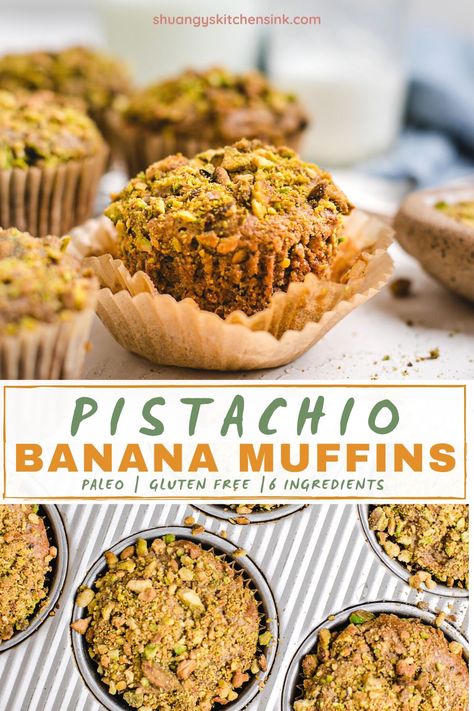 You have to try these 6 ingredient and Pistachio Banana Muffins! They are so delicious. Do you want to know a secret? You can easily bring your banana muffins to the next level and impress anyone by simply adding real pistachios! I promise these almond flour pistachio muffins are the best thing you’ll ever eat! They are moist, fluffy, and loaded with a delicious pistachio flavor! o delicious with a nutty and fluffy cake like texture, a creamy pistachio and sweet banana taste. Perfect as a ... Banana Pistachio Muffins, Healthy Pistachio Cake, Muffins Almond Flour, Pantry Snacks, Healthy Paleo Desserts, Paleo Banana Muffins, Pistachio Muffins, Gluten Free Desserts Healthy, Fluffy Cake