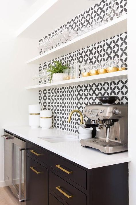 White Wet Bar, Wet Bar Backsplash, White Brick Backsplash, Wet Bar Cabinets, White Beveled Subway Tile, Black And White Backsplash, Kitchen Wall Design, White Kitchen Countertops, White Kitchen Backsplash