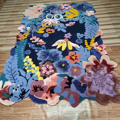 Floral Design Hand Tufted Navy Area Rug Made With Silk and | Etsy Luxurious Living Room Decor, Animal Print Carpet, Black And White Carpet, Luxurious Living Room, Rug Aesthetic, Tiger Rug, Luxury Living Room Decor, Floor Cloth, Printed Carpet