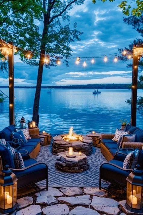 Waterfront Patio Ideas, Lakeside Patio Ideas, Cottage Dock, Lake House Backyard, Waterfront Deck, Cozy Patios, Lake Scenes, Bohemian Patio, Lakeside Living