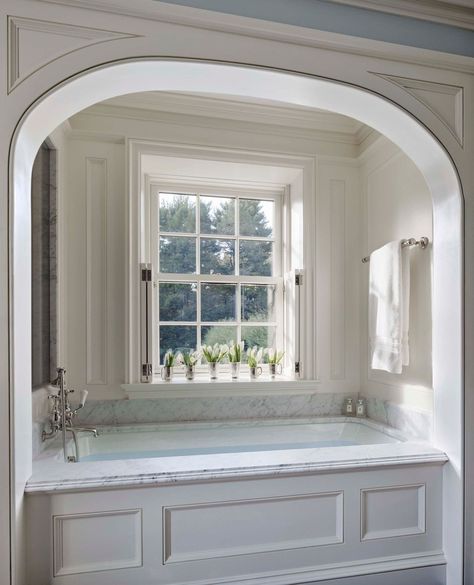 Arched Shower Opening, Bathtub Niche, Colonial Renovation, Arched Opening, Bathrooms Inspiration, Built In Bathtub, Built In Bath, Bathtub Remodel, Craftsman Bungalow