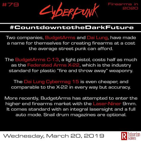 Time for a new topic! We've had the butter. Now let's have the guns! Day 79 of the #countdowntothedarkfuture brings us Firearms of 2020!… Cyberpunk Jobs, Cyberpunk Scenery, Cyberpunk 2020, Dark Future, Cyberpunk Clothes, Cyberpunk Aesthetic, Cyberpunk Character, Most Popular Memes, All In One App