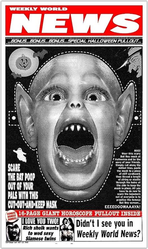 "11 x 17\" laminated print of the infamous BAT BOY Weekly World News back cover Halloween mask" Weekly World News, Hidden Room, Weird History, Scary Bat, Urban Legend, Bat Boys, Mary J, Alternate History, Weird Stuff