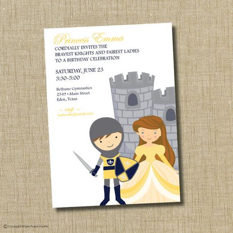 Princess and Knight birthday invitation. Princess And Knight Birthday Party, Princess And Knight, Knight Birthday, Knight Birthday Party, Knight Party, Medieval Party, Diy Birthday Invitations, Unique Invitations, Printable Birthday Invitations