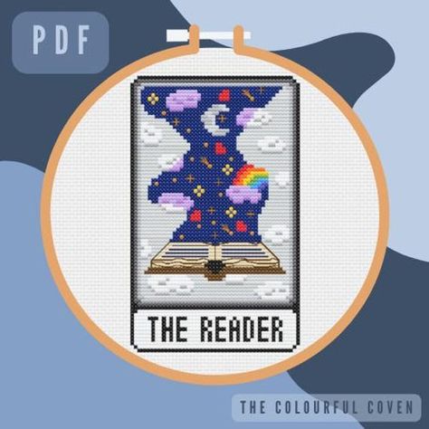 PDF Download for 'The Reader' Tarot card Cross Stitch Pattern.  This is a PDF download, three files will be instantly available for download, one pattern is in colour, and one is in black and white. The third document has the pattern on a single sheet, compatible with Pattern Keeper. Please note, no physical pattern will be sent. Stitched image size: 48 x 78 stitches Size stitched on 14 count: 3.43 x 5.57 inches  Size stitched on 16 count: 3 x 4.88 inches Size stitched on 18 count: 2.67 x 4.33 i Tarot Card Cross Stitch Pattern Free, Tarot Card Cross Stitch, Tarot Cross Stitch, The Reader, Stitch Art, Cross Stitch Patterns Free, Back Stitch, Stitching Art, Cross Stitch Art