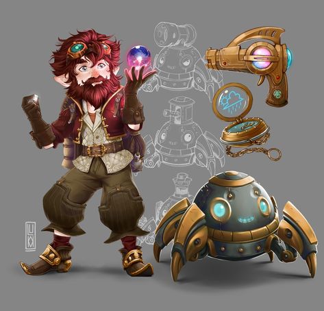 Gnome Artificer Male, Rock Gnome Artificer, Deep Gnome Artificer, Halfling Artificer, Gnome Fantasy Art, Dnd Artificer Character Design, Artificer Dnd, Gnome Artificer, Gnome Dnd