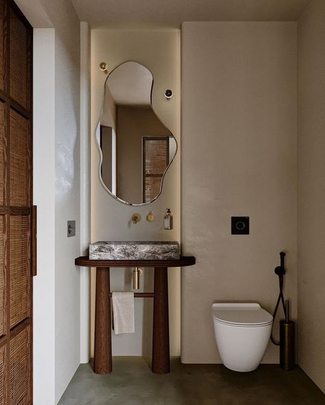 Bathroom Vanity Curved, Wood Paneled Bathroom, Post Modern Bathroom, Wood Powder Room, Bathroom Dark Wood, Powder Room Interior Design, Bathroom Vanity Dark, Powder Room Bathroom, Console Vanity