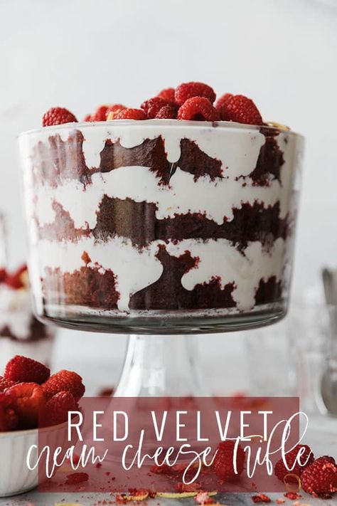 Fluffy chocolatey red velvet cake, fresh juicy raspberries, creamy cream cheese yogurt filling with a hint of lemon. This red velvet raspberry trifle (or make individual parfaits!) is our family favorite for years. || Oh So Delicioso Red Velvet Raspberry Cake, Red Velvet Trifle Desserts, Individual Parfaits, Cream Cheese Trifle, Red Velvet Trifle, Homemade Red Velvet Cake, Oreo Trifle, Raspberry Trifle, Trifle Cake