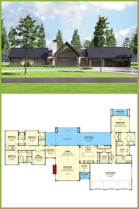 Porch Floor Plan, Modern Ranch Home, Ranches Living, 1 Story House, Porch Floor, Housing Design, New Zealand Houses, 4 Bedroom House Plans, Modern Ranch