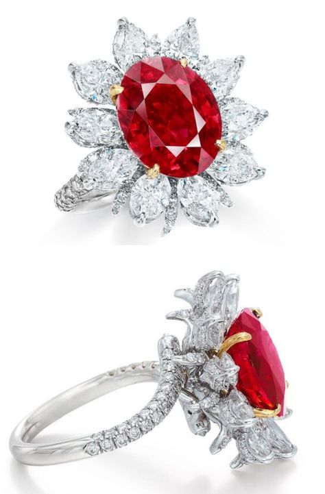 ~ An Extremely Fine and Rare Ruby and Diamond Ring: Of floral design, centring upon an oval unheated Burmese ruby of 6.03 carats, to the marquise-shaped diamond petals, the sepals and shoulders embellished with brilliant-cut diamonds, mounted in 18 karat white gold: THE RATNARAJ OF MOGOK. Real Diamond Necklace, Burmese Ruby, Mogok, Ruby And Diamond Ring, Harry Winston, Fabulous Jewelry, Real Diamonds, Brilliant Cut Diamond, Earring Necklace