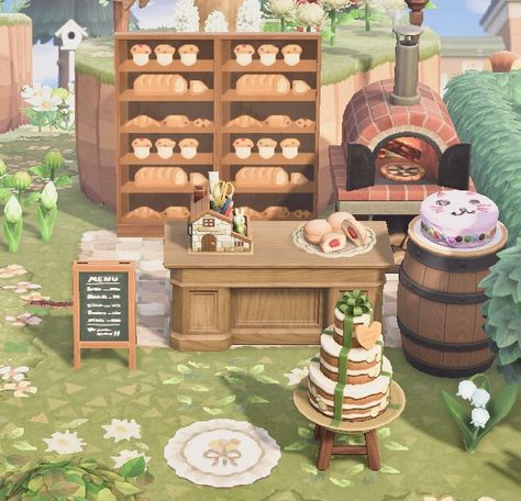 Acnh Small Cafe Ideas, Animal Crossing Outdoor Bakery, Acnh Soup Stall, Acnh Pie Stall, Outdoor Bakery Acnh, Acnh Bread Design, Bakery Acnh Code, Acnh Bread Stall, Animal Crossing Stalls