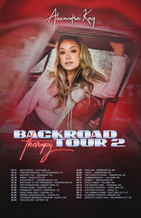 Tour graphic for Alexandra Kay. Red background and white text. Alexandra Kay sitting in car promoting upcoming tour in 2023 Alexandra Kay, Asbury Park, Country Music Artists, Tim Mcgraw, Tacoma Wa, Country Artists, Tour Dates, Music Icon, Country Singers