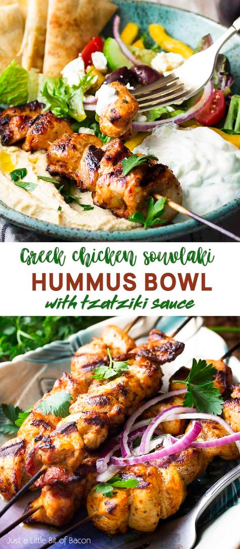 Grilled Mediterranean Recipes, Mediterranean Grill Recipes, Souvlaki Bowl, Souvlaki Skewers, Hummus Chicken, Salsa Ranchera, Clean Dinner, Hummus Bowl, Hummus And Pita