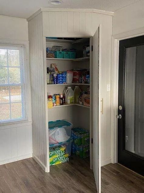 Pantry Shelving Units, Diy Pantry Makeover, Pantry Can Organization, Winchester House, Double Sliding Barn Doors, Cookware Storage, Upper Kitchen Cabinets, Built In Pantry, Corner Pantry