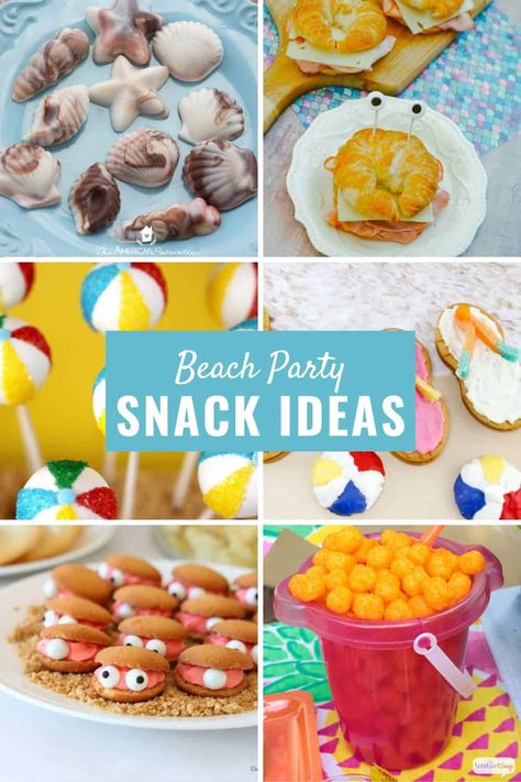 Crab-shaped croissants, beach ball cake pops, chocolate seashells and flip flops and more treats to serve at a beach party. So much inspiration here. More than 50 recipes, crafts, decorations, printables and fun party game ideas that kids and adults will love! #beachparty #staycation #partyideas Finger Foods For Beach Party, Beach Ball Party Food, Beach Themed Party Food Appetizers, How To Make A 7 Cake, Beach Party Treats, Beach Theme Treats For Kids, Crab Party Food, Beach Themed 60th Birthday Party, Beach Theme Party Favors For Adults