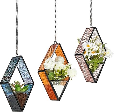 Amazon.com: Yaomiao 3 Pcs Stained Glass Hanging Plant Terrariums Hanging Glass Planter Small Geometric Terrarium Air Plant Terrarium with Chain for Succulent Moss Holders Garden Wall Windowsill (Vivid Color) : Patio, Lawn & Garden Hanging Glass Planters, Terrarium Candle, Hanging Glass Terrarium, Stained Glass Hanging, Window Sill Decor, Hanging Stained Glass, Hanging Terrarium, Plant Terrarium, Terrarium Containers